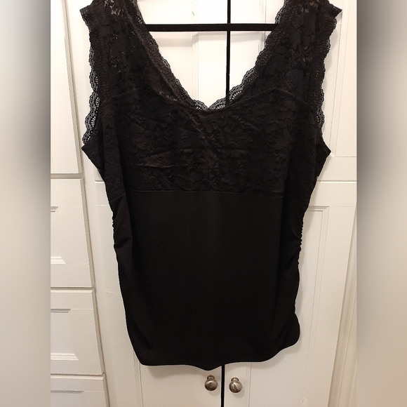 Maurices size 2 fancy tank top black lace, sheer wide straps, ruching on sides - Picture 2 of 10